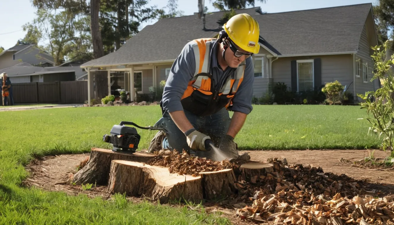 Stump grinder working on an old tree stump in a home yard near Ann Arbor