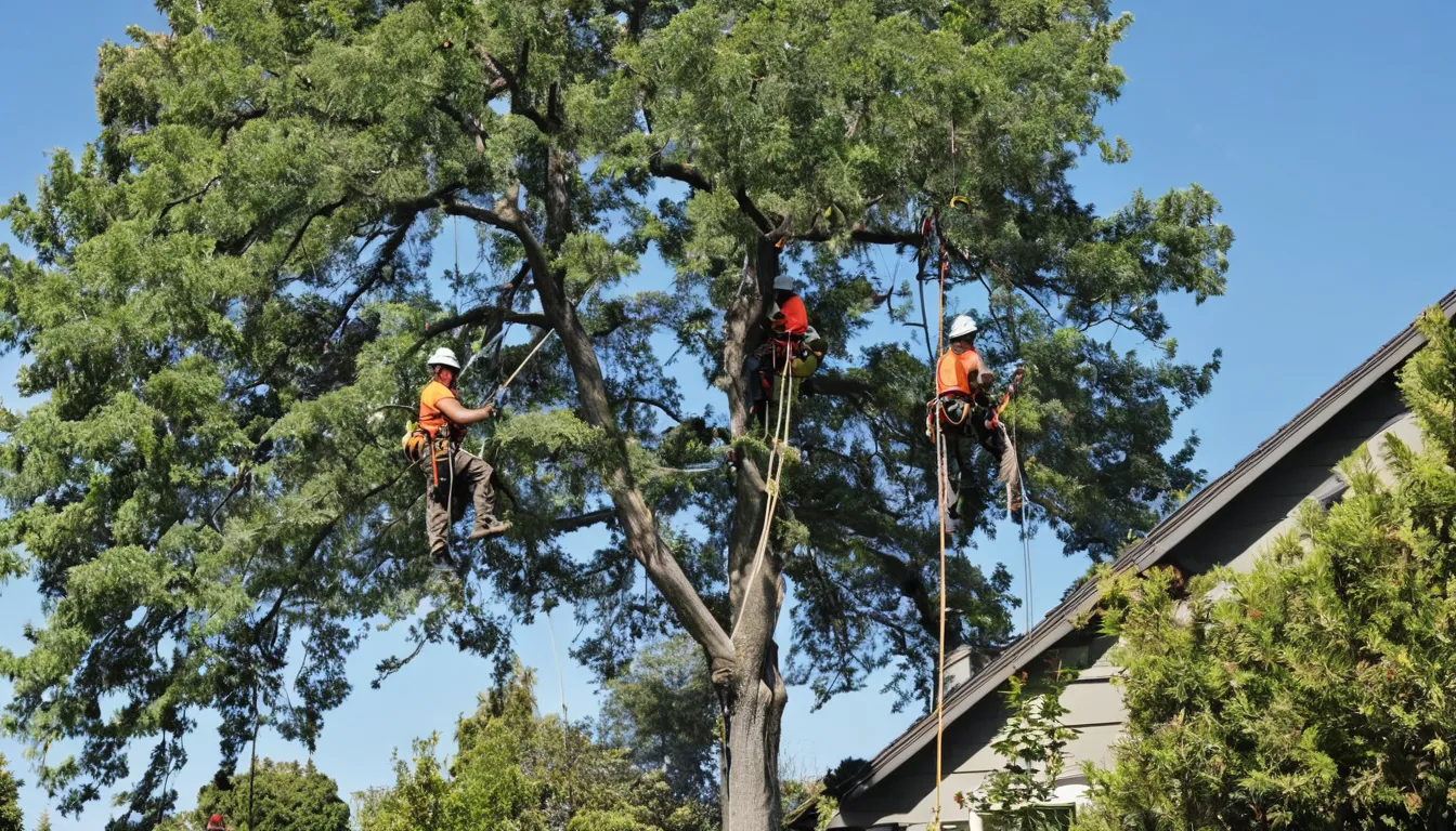 Friendly tree removal crew safely taking down a large backyard tree near a home in Ann Arbor